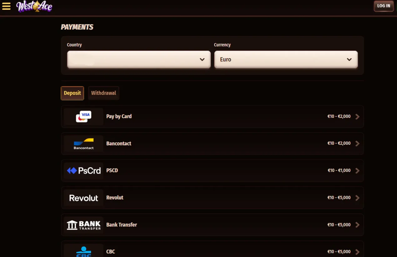 Westace payments page showing country and currency selectors and payment branding