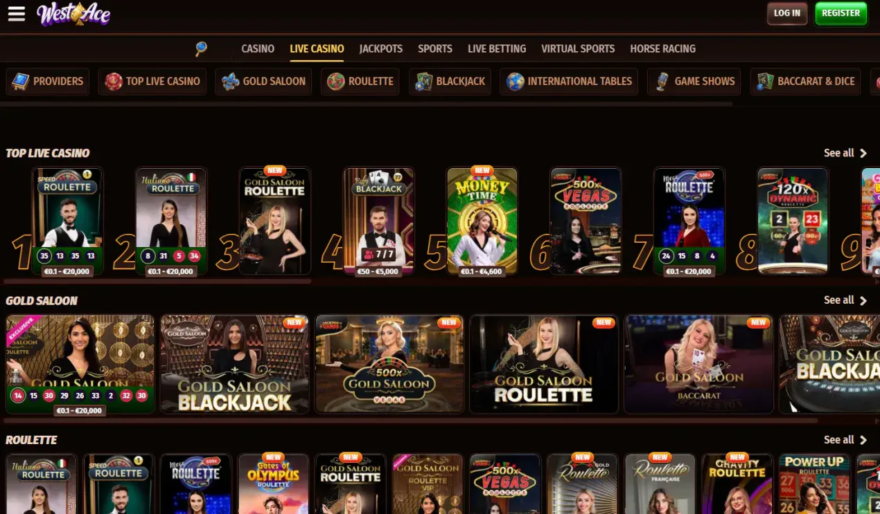 Current Westace games catalogue showing categories, providers and live casino navigation