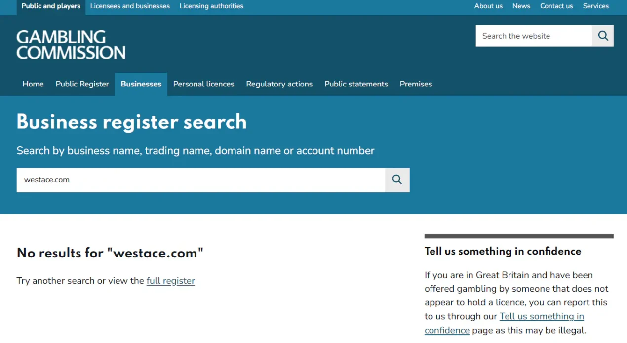 UK Gambling Commission business register for checking Westace and westace.com