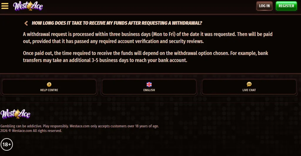 Westace General Terms showing the withdrawal processing section