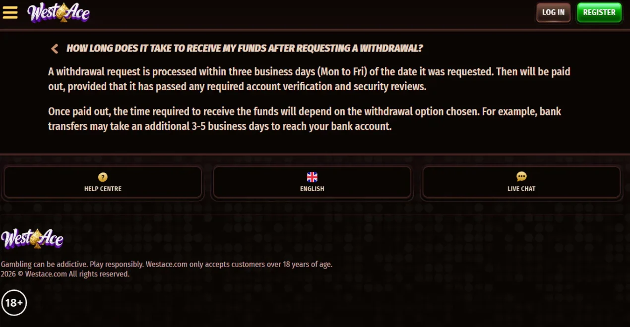 Westace General Terms showing the withdrawal processing section